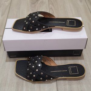 DOLCE VITA Iver Black Studded Square Toe Flat Sandals NIB